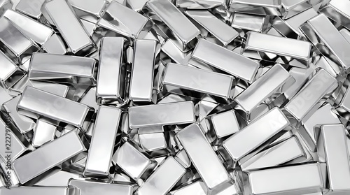 Silver bars pile up in a dense arrangement of shiny metal ingots