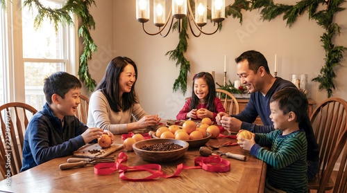 Multicultural family sharing fruit at a decorated Christmas dining table