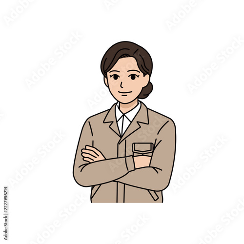 腕を組んで自信に満ちた表情を見せるベージュ作業着の女性上司イラスト