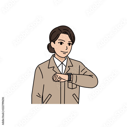 腕時計を見て時間確認やタイムスケジュールを意識するベージュ作業着の女性上司イラスト