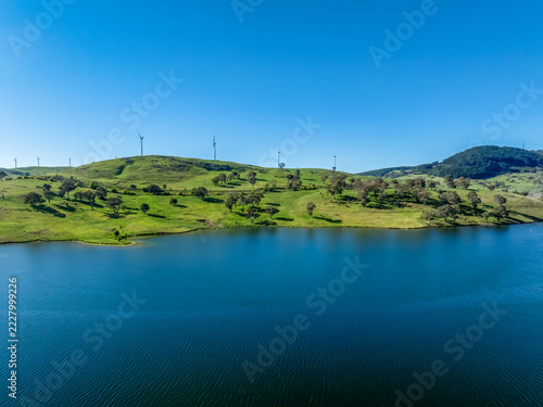 Aerial scenic views over Carcoar Dam with blue sky