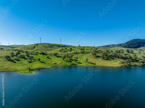 Aerial scenic views over Carcoar Dam with blue sky