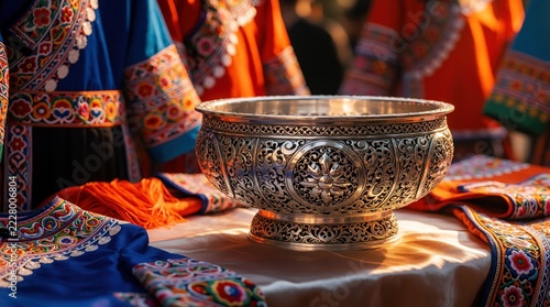 Ornate silver metal bowl with detailed engraving sits on table. Colorful traditional ethnic clothes with embroidery surround vessel. Cultural heritage objects used during festive celebration ritual