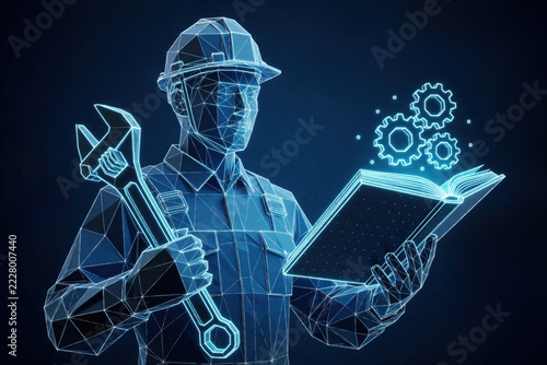 Low poly engineer in hard hat holds large wrench, reads glowing digital book. Blue wireframe technician studies technical manual with floating gears. Futuristic concept of vocational skills,