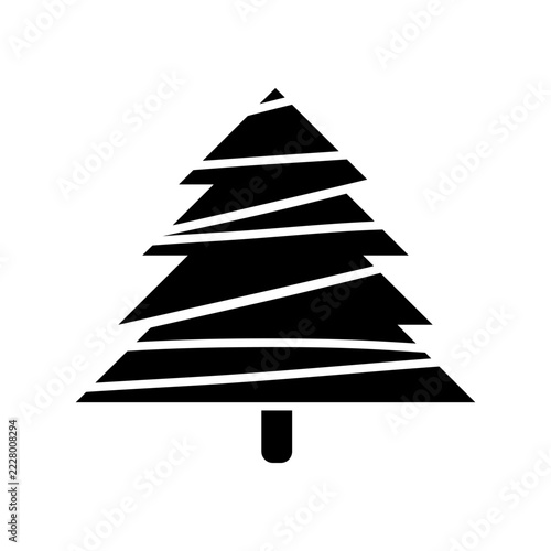 Christmas tree, vector icon. Simple holiday plant decorated with a garland. Abstract silhouette of a spruce tree. Hand-drawn black and white illustration for seasonal New Year cards, festive design