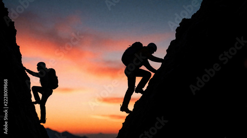 Two climbers silhouette against orange sunset sky. Men climb steep rocky mountain cliffs with backpacks. Adventurers scale high stone walls during golden hour. Extreme sport activity requires