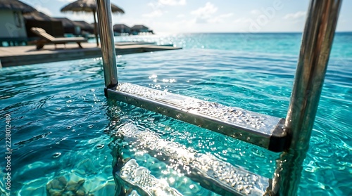 Metal Ladder Railing Descending Into Clear Turquoise Sea