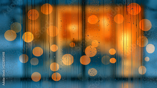 Warm architectural lights blurred through rain-covered glass at evening