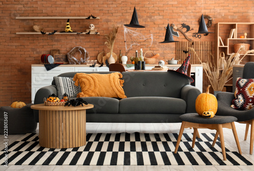 Halloween home decor and interior design, festive living room with pumpkins, ...