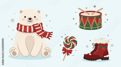 Festive Christmas Clipart Set with Polar Bear Drum Lollipop and Boot