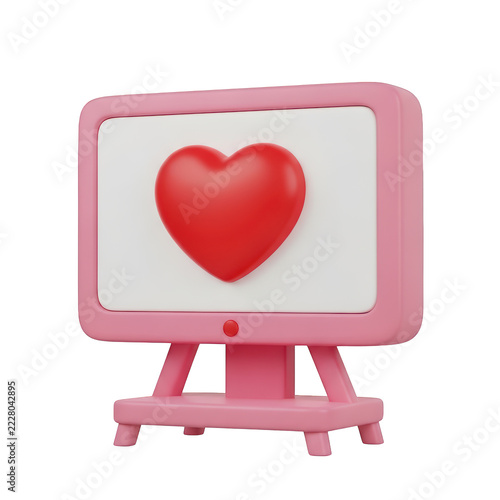 Pink monitor screen with a red heart icon for love and social media concepts