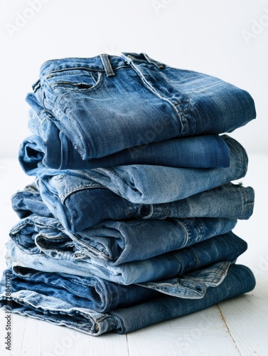 A stack of blue denim jeans is arranged in a tidy manner on a white surface. The lighting is bright and cool, reflecting a holiday theme.