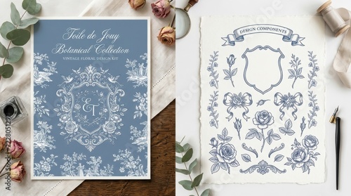Vintage Toile de Jouy Botanical Design Kit with Floral Illustrations, Roses, and Elegant Crests for Wedding Invitations