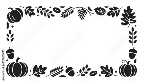 Autumn harvest frame border with pumpkins leaves acorns and pinecones in black silhouette vector graphic art.