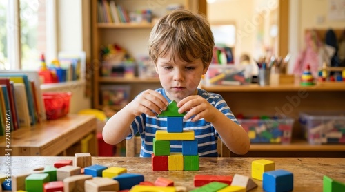 Young Boy Concentrating While Building a Tower with Colorful Wooden Blocks in a Preschool Classroom Setting