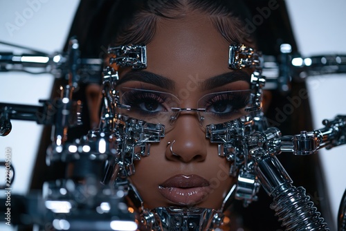 A cinematic macro photo of a face with futuristic chrome cybernetic implants around eyes in clean white studio setting.