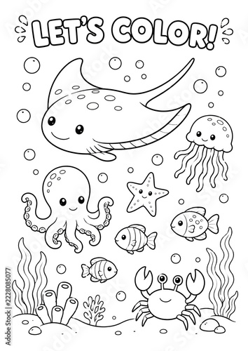 Cute Ocean Animals Coloring Page – Underwater Sea Life Illustration