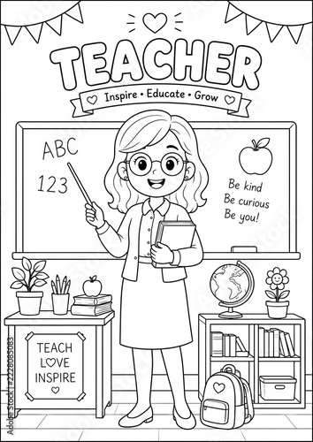 Teacher Coloring Page Printable – Classroom Education Illustration