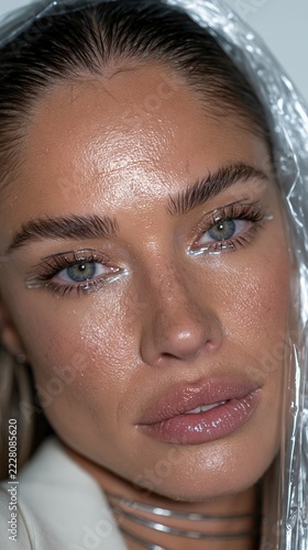 A cinematic macro photo of a face with futuristic chrome cybernetic implants around eyes in clean white studio setting.