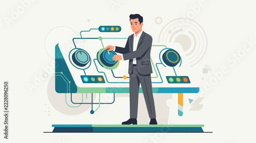 Man in Suit Operating Futuristic Control Panel with Dials and Lights