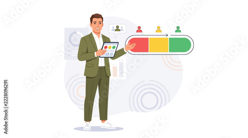 Man in Suit Presents Business Progress Using Digital Tablet and Progress Bar with Red, Yellow, and Green Sections