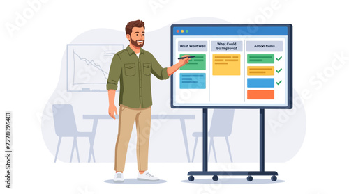 Man presenting a Kanban board with sticky notes for project management, planning, and team collaboration in a modern office setting.