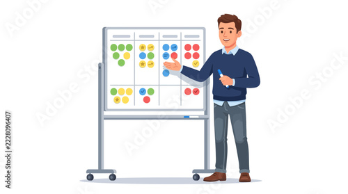 Man presenting Agile Kanban board with colorful sticky notes, icons, and tasks for project management and workflow visualization.