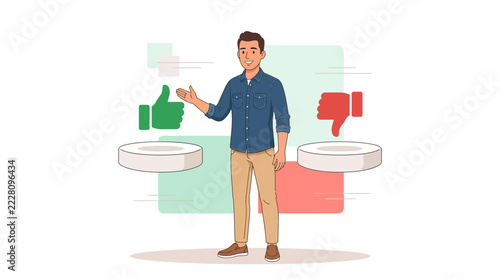 Man presenting choice between like and dislike with icons, vector illustration