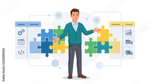 Man presenting business strategy with puzzle pieces, coding icons, and logistics charts