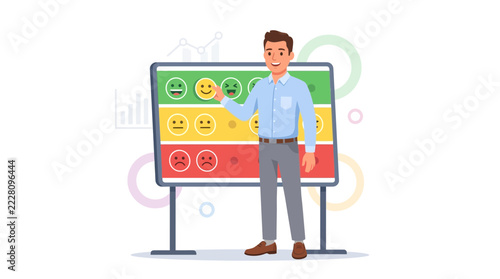 Man presenting customer satisfaction ratings with smiley faces on a board, vector illustration