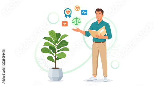 Man presenting concepts of healthcare, wellness, and justice with icons and plant