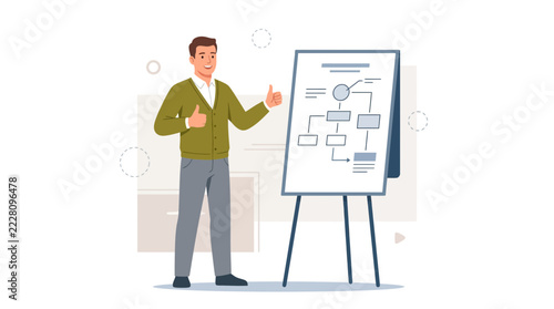 Man presenting flowchart on easel board, giving thumbs up gesture - business strategy and planning concept