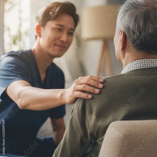 Male nurse in blue scrubs comforting elderly patient at home, senior care professional with copy space