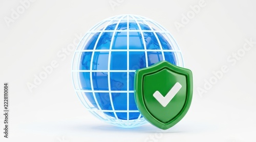 3d illustration of a blue globe with a white grid, protected by a green shield with a checkmark, representing secure global data isolated on white background