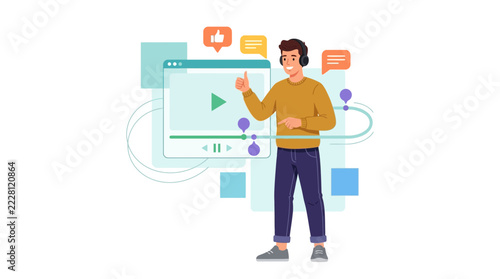 Man with headphones interacting with a video player interface, social media icons, and data visualization