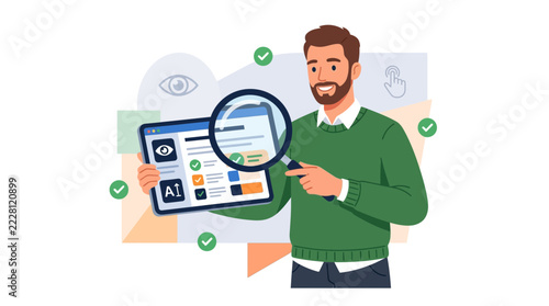 Man with Magnifying Glass Inspecting Digital Interface with Checkmarks and Icons