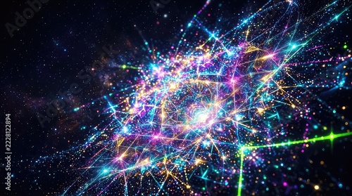 A dynamic digital render showcasing an intricate, sparkling fractal geometry structure, expanding infinitely into dark, cosmic space, structure, concept, intricacy
