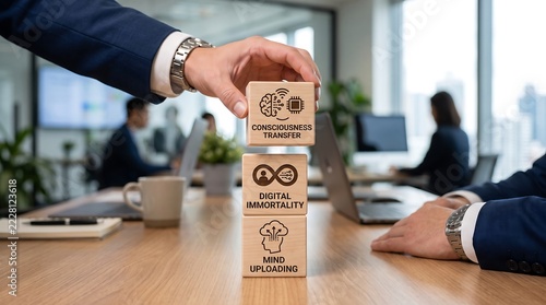 Businessman building a tower of wooden blocks with futuristic concepts like consciousness transfer digital immortality and mind uploading in office
