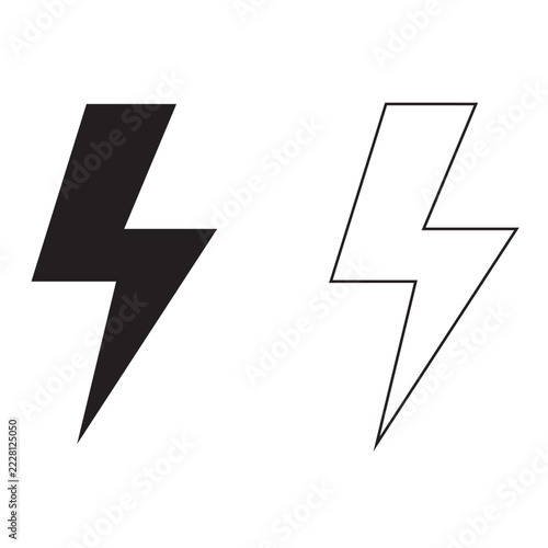 Lightning bolt vector icons, black solid and outline thunderbolt symbols, electric power and energy flash signs for web design and UI