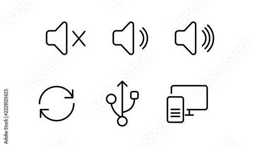 icon set featuring sound volume, mute, refresh, USB, and computer symbols vector illustration. editable stroke