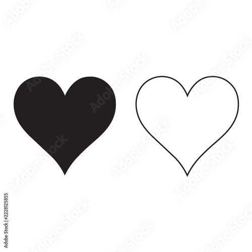 Minimalist heart icons in solid black and thin outline styles, romantic love symbol vector set, simple heart shapes for wedding and valentine design