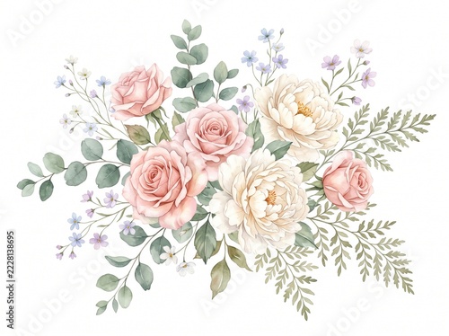 Watercolor Pink Rose and Peony Bouquet with Greenery