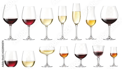 Different types of wine glasses collection, isolated on transparent background