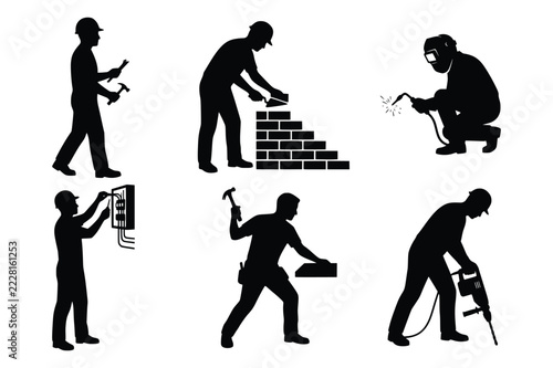 Construction Workers vector silhouettes of hard hat worker, bricklayer and welder, isolated on white background