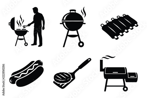 BBQ Grilling silhouette set with grill master, smoking grill, ribs, hot dog, burger and smoker, black vector icons