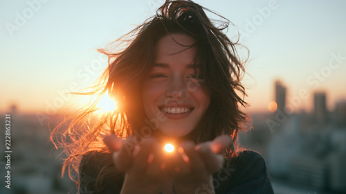 Happy young woman smiling while holding the glowing golden sun in her cupped hands during a beautiful city rooftop sunset