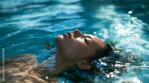 Young woman floating on her back in clear blue pool water with closed eyes relaxing