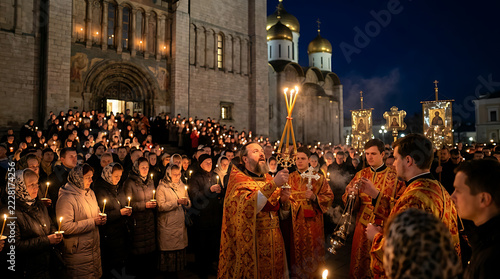 Orthodox priest leading nighttime candlelit procession with