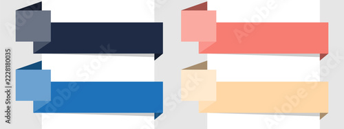 Folded ribbon banner set, featuring 3D paper origami style with blank text space on light grey background for web UI navigation header and store sales promo tag layout