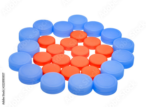 Assorted colorful plastic bottle caps isolated on white